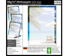 Motivpapier Briefpapier (Strand-5069, DIN A4 25 Blatt) Sandstrand mit Palmen Liegestuhl und Sonnenschirm am blauen Ozean in der Karibik