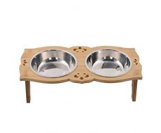 Dual Bereiche Massivholz Rechtecktisch Pet Doppel Bowl Ansitz Edelstahl Dual-Schüsseln Hund & CatFeeder (Color : As photo, Size : M)
