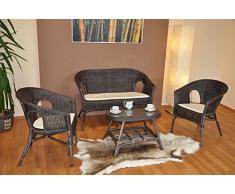 Rattangarnitur Fabion darkbrown , Set Rattanbank , 2 Rattansessel und Rattantisch inkl. Kissen weiß