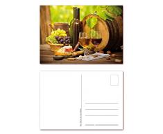 12 Stück Postkarten Wein mit Weintrauben Weinfaß Käse Oliven und rustikaler Tisch, Ansichtskarte im DIN A6 Format ( PKT-148 )