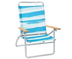 SONGMICS Strandstuhl, Campingstuhl, hohe Rückenlehne 3-stufig verstellbar, einfach zu transportieren, Klappstuhl, Armlehnen aus Holz, bis 150 kg belastbar, blau-grün-weiß gestreift GCB66UW