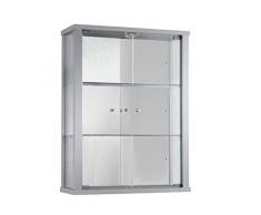 K-Möbel Glasvitrine in Silber (80x60x25 cm) mit 2 höhenverstellbaren Glasböden aus ESG, LED und Spiegel; beleuchet; perfekt für Sammler;