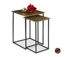 Relaxdays Satztisch 2er Set, Retro Design, eckig, Wohnzimmer, Metall, Beistelltisch, H: 50,5 und 55,5 cm, gold/schwarz