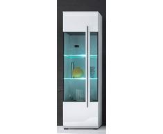 Dreams4Home Vitrine Foma - Schrank, 1 Glastür, re./li. montierbar, 2 Glasböden, 2 Konstruktionsböden, optional m. Beleuchtung, Wohnzimmer, B/H/T: ca. 60 x 200 x 37 cm, Korpus in Weiß Melamin NB, Front Weiß MDF Hochglanz,