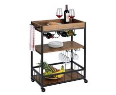 DNNAL Servierwagen, Holz Metall Getränke Trolley Wagen, Industrie Vintage Style 3 Tiers Küche Servierwagen mit Weinregal