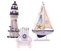 Flanacom Maritime Badezimmer Deko 3er Set - Leuchtturm, Segel-Schiff und Strand-Stuhl aus Holz - liebevoll gestaltete Badaccessoires mit Details (Design 1)