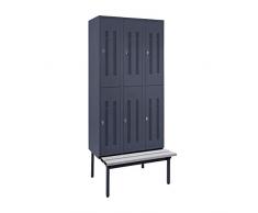 Wolf Halbhohe Garderobenschränke mit Sitzbankuntergestell - 300 mm, 6 Abteile - Lochblech, blaugrau - Garderobe Garderoben Garderobenbank Garderobenbänke Garderobenschrank Garderobenschränke Schrank Schränke Sitzbank Stahlschrank