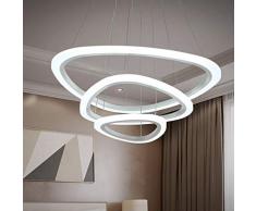 LED Esszimmerlampe Hängelampe Dimmbar Esstischlampe Wohnzimmerlampe Kronleuchter Höhenverstellbar mit Fernbedienung, Modern Pendelleuchte 3-Ringe Design Acryl-schirm Metall Flur Zimmer Decke Lampe