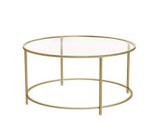 VASAGLE Couchtisch rund, Glastisch mit goldenem Stahl-Gestell, Wohnzimmertisch, Sofatisch, robustes Hartglas, stabil, dekorativ, Gold LGT21G