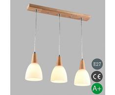 LED Holz Glas Pendelleuchte Höhenverstellbar Esstisch Lampe E27 Kronleuchter Holzlampe 3-Flammig Hängelampe Esszimmerlampe Vintage Industrial Küche Hängeleuchte Innen Deko Decke Leuchte