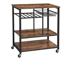 VASAGLE Küchenregal mit Metallkorb und Flaschenhalterung, Weinregal, Servierwagen, Küchenwagen, Rollwagen mit 3 Regalablagen, 80 x 40 x 86,5 cm, Industrie-Design, Vintage, dunkelbraun KKS80X