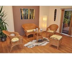 Rattangarnitur Oliver Fb. honig , Set Rattanbank , 2 Rattansessel und Rattantisch inkl. Polster