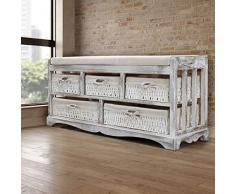 ECD Germany Vintage Sitzkommode | mit 5 Körben | Weiß | BxHxT: ca. 78 x 36 x 45 cm | aus Paulownia Holz | Shabby Look | Landhaus Stil Sitzbank Flurbank Truhenbank Schuhschrank Kommode Bank Korb