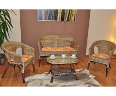 Rattangarnitur Fabion Fb. Zebra , Set Rattanbank , 2 Rattansessel und Rattantisch inkl. Kissen gelb gemustert