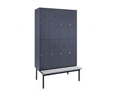 Wolf Halbhohe Garderobenschränke mit Sitzbankuntergestell - 300 mm, 8 Abteile - Vollwand, blaugrau - Garderobe Garderoben Garderobenbank Garderobenbänke Garderobenschrank Garderobenschränke Schrank Schränke Sitzbank Stahlschrank