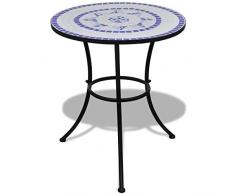 UnfadeMemory Beistelltisch Mosaiktisch Tisch Bistrotisch Kaffeetisch Blumenständer MOSAIK-Design für Balkon oder Garten 60 x 70 cm Keramische Tischplatte und Eisenrahmen (Blau/weiß)