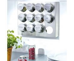 Gewürzregal aus Edelstahl mit 12 Gewürzgläsern aus Kunststoff ca. 25 x 6 x 21 cm, Gläser ca. 4 cm Ø