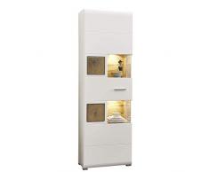 Fun Plus Große Vitrine weiss mit schönen Hirnholz-Applikationen - Moderne Glasvitrine inkl. LED Beleuchtung - 65 x 205 x 37 cm (B/H/T)