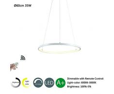 Modern LED Pendelleuchte Rund Design Hängeleuchte Wohnzimmer Lampe Esszimmer Kronleuchter Schlafzimmer Leuchte Küche Esstisch Hängelampe Büro Beleuchtung Deko (Weiß, 60cm Dimmbar)