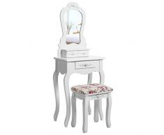 SONGMICS Barock Schminktisch mit Rose-Ornamenten inkl. 2 x Unterteiler, Kippsicherung, Hocker und Spiegel,Weiß RDT30W