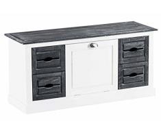 CLP Sitzbank Camila mit Stauraum I Holzbank im Landhausstil I Platzsparende Dielenbank mit Vier Aufbewahrungskörben und einem großen Fach mit Hängeklappe weiß/grau