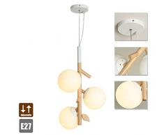 Modern Holz Esszimmer Leuchte Pendelleuchten Zimmer Dekor Licht 3-Flammig Esstischleuchte Hängelampe Höhenverstellbar Designer-Lampen für Kinderzimmer Restaurant Beleuchtung E27 Weiß Rund Glas-Schirm