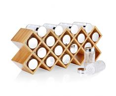 Harcas Gewürzregal aus Bambus inkl. 18 Gewürzgläsern und Labeln. Frei- stehender, großer Küchenorganizer mit den Maßen 43cm x 9.5cm x 18cm. Gläser mit Chromdeckeln und Gewürzetiketten