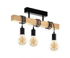 EGLO Deckenlampe Townshend, 3 flammige Vintage Deckenleuchte im Industrial Design, Retro Pendelleuchte aus Stahl und Holz, Farbe: schwarz, braun, Fassung: E27
