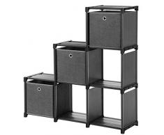 SONGMICS Würfelregal, 6 Würfel Bücherregal, Treppenregal mit 3 Stoffboxen, DIY Aufbewahrung für Kleidung, mit robustem Metallrahmen, inklusive Gummihammer, 105 x 30 x 105 cm, schwarz LSN23BK