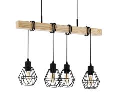 EGLO Pendellampe Townshend 5, 4 flammige Vintage Pendelleuchte im Industrial Design, Retro Hängelampe aus Stahl und Holz, Farbe: schwarz, braun, Fassung: E27