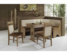 Truhen-Eckbankgruppe, Noce Dekor BZW. Buche massiv nocefarbig; Eckbank, 2 Stühle und Wangentisch; Bezug: Mikrofaser Kombi braun-vanille; variabel aufbaubar