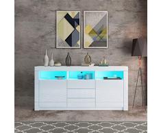 160cm Hochglanz Anrichte Sideboard Kommode Buffet Küche Buffetschrank Buffettisch 2 Türen 3 Schubladen mit RGB LED-Beleuchtung (Weiß)