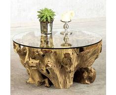 Pharao24 Design Couchtisch aus Teak Wurzel mit Runder Glasplatte