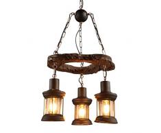 Pendellampe Esszimmerlampe Retro Holz-Leuchte Pendelleuchte Vintage Kreative Cafelampe Antik Industrielle Stil Hängelampe Rustikal Laterne Anhänger Hängeleuchte E27-Fassung Glas-Schirm