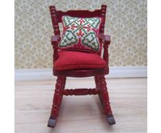 Maßstab 1/12 Puppenhaus Schaukelstuhl mit Hand bestickt geometrische Design Kissen & rot Sitz Pad