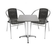 Mojawo® Bistrogarnitur 3-teilig Bistrotisch Aluminium eckig 60x60cm H70cm / 110 cm höhenverstellbar + 2 Stapelstühle Aluminium/Rattan Schwarz