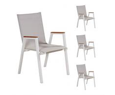 LC Garden 4X Armlehnstuhl Stapelsessel Lily Alu Textilene Teak weiß-grau