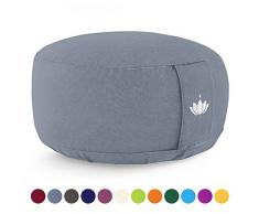 Lotuscrafts Yogakissen Meditationskissen Rund Lotus - Sitzhöhe 15cm - Waschbarer Bezug aus Baumwolle - Yoga Sitzkissen mit Dinkelfüllung - GOTS Zertifiziert - Mit Bestickung