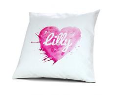 Kopfkissen mit Namen Lilly - Motiv Painted Heart, 40 cm, 100% Baumwolle, Kuschelkissen, Liebeskissen, Namenskissen, Geschenkidee