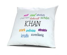 Kopfkissen mit Namen Khan - Motiv Positive Eigenschaften, 40 cm, 100% Baumwolle, Kuschelkissen, Liebeskissen, Namenskissen, Geschenkidee, Deko