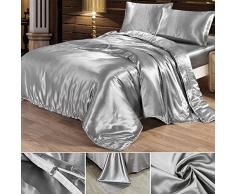 Seide Bettwäsche Set Bettbezug Seide Kissenbezug Spannbetttuch Satin Modern Leicht Weich Betten Set bequem (220x240cm, Silber)