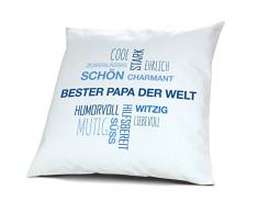 Kopfkissen mit Namen Bester Papa der Welt - Motiv Positive Eigenschaften Tagcloud Blau, 40 cm, 100% Baumwolle, Kuschelkissen, Liebeskissen, Namenskissen, Geschenkidee