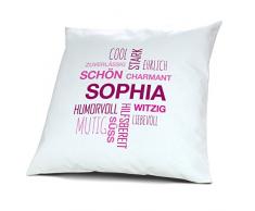 Kopfkissen mit Namen Sophia - Motiv Positive Eigenschaften Tagcloud Pink, 40 cm, 100% Baumwolle, Kuschelkissen, Liebeskissen, Namenskissen, Geschenkidee