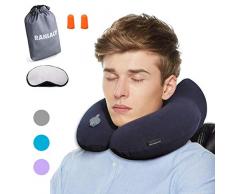 RANIACO Reisekissen, Nackenkissen aufblasbar mit abnehmbar Kissenbezug zur Reinigung-bequem Nackenhörnchen mit Ohrstöpsel Schlafmaske Tasche - Ideal für Flugzeug Reise Camping Auto Bezug Büro Hause