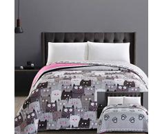 DecoKing 32367 Tagesdecke 240x260 cm Mikrofaser Bettüberwurf Steppung zweiseitig pflegeleicht grau Stahl anthrazit Grafit schwarz weiß rosa Katzen Cats Invasion