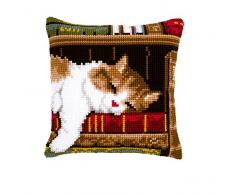 Vervaco Schlafende Katze Kreuzstichkissen/Stickkissen vorgedruckt, Baumwolle, Mehrfarbig, 40 x 40 x 0.3 cm