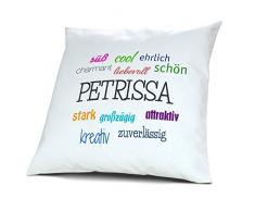 Kopfkissen mit Namen Petrissa - Motiv Positive Eigenschaften, 40 cm, 100% Baumwolle, Kuschelkissen, Liebeskissen, Namenskissen, Geschenkidee, Deko
