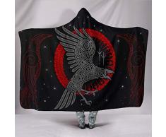 Wikinger-Rabe Decke mit Kapuze,Winter Weich Wohndecke Kuscheldecke Schlafdecke Sofadecke Plüschdecke Pelzdecke Printdesign Couchdecke Mikrofaser Wearable Decke für Erwachsene Kind Schwarz 150 * 200cm
