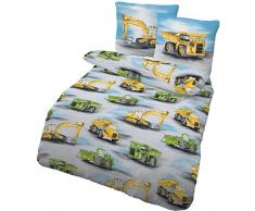 Bettwäsche Bagger in Biber · Jungenbettwäsche · Kinderbettwäsche · Baustelle, Bagger & LKW · Blau, Grün, Gelb - Kissenbezug 80x80 + Bettbezug 135x200 cm - 100% Baumwolle - Winterbettwäsche
