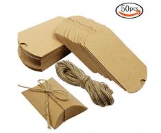 MINGZE 50 Stück Christmas Kissen Kraftpapier Tüten Geschenkbox Hochzeit Party Gefallen Geschenk Süßigkeiten Tablett + 50 Stück Juteschnur